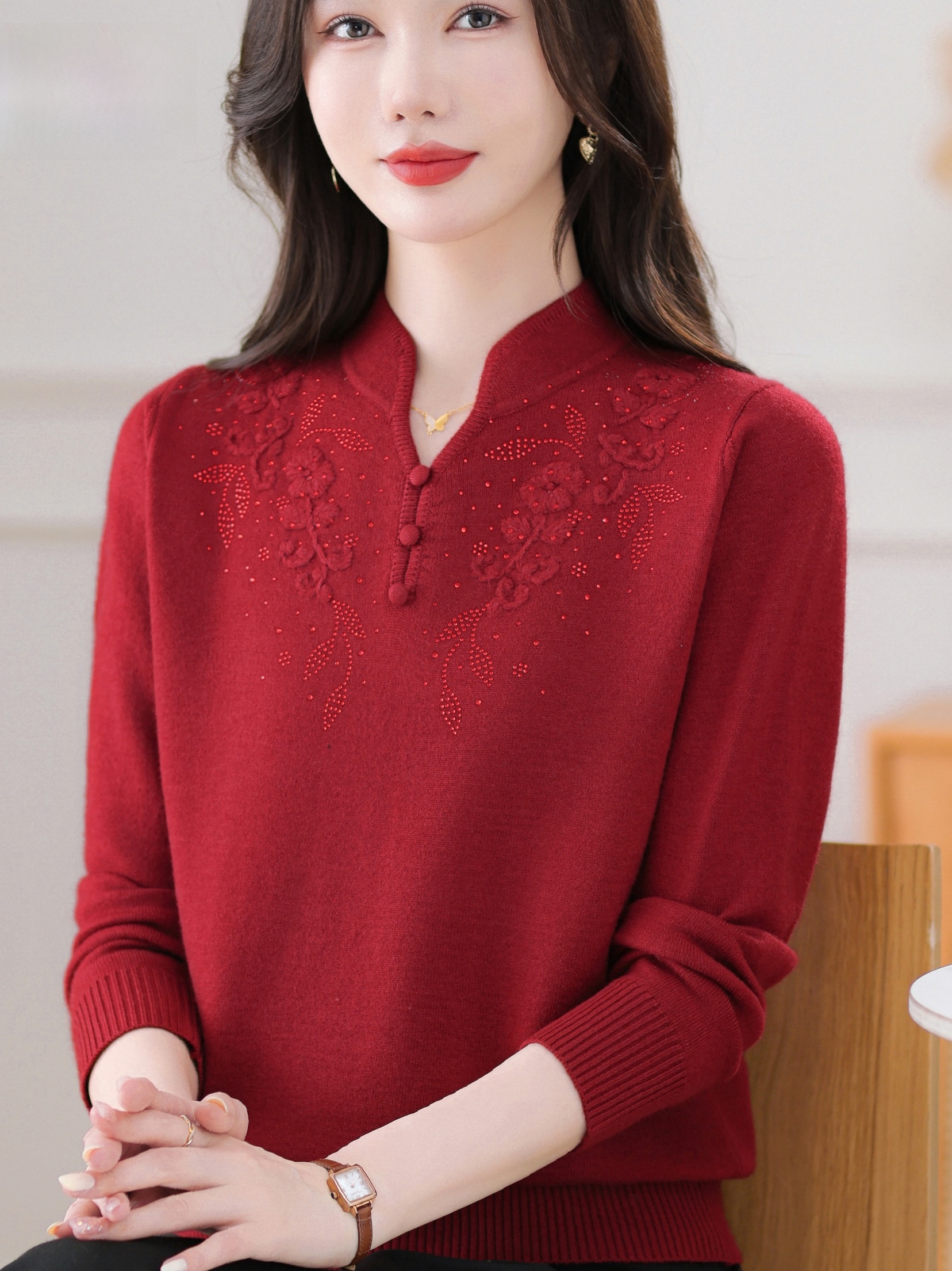 Women Fashion Over 60 - Warmth Embroidered Knitted Woolen Half High