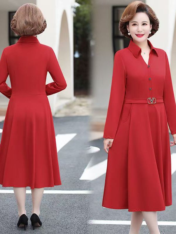 Women Fashion Over 60 - Elegant Mid-Length Dress Slimming Waist Design