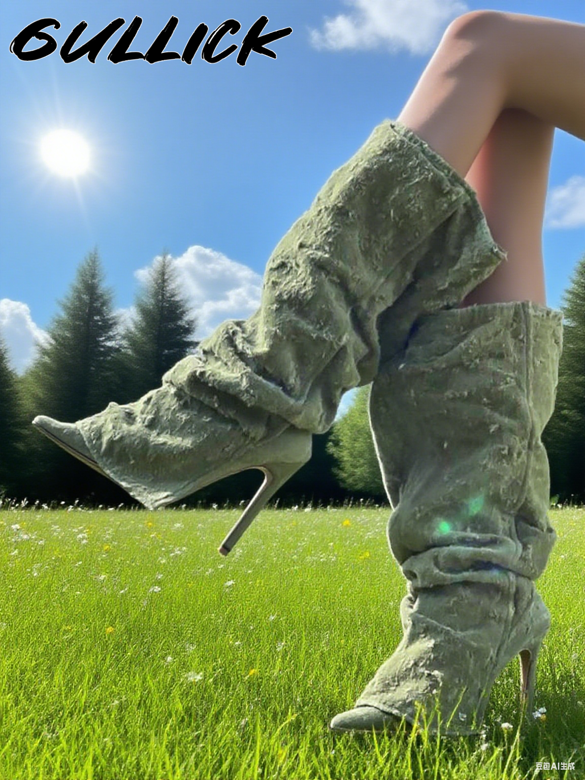 Women'S Fashion Winter 2025 - Green Pleated Boots Denim Pointed Toe