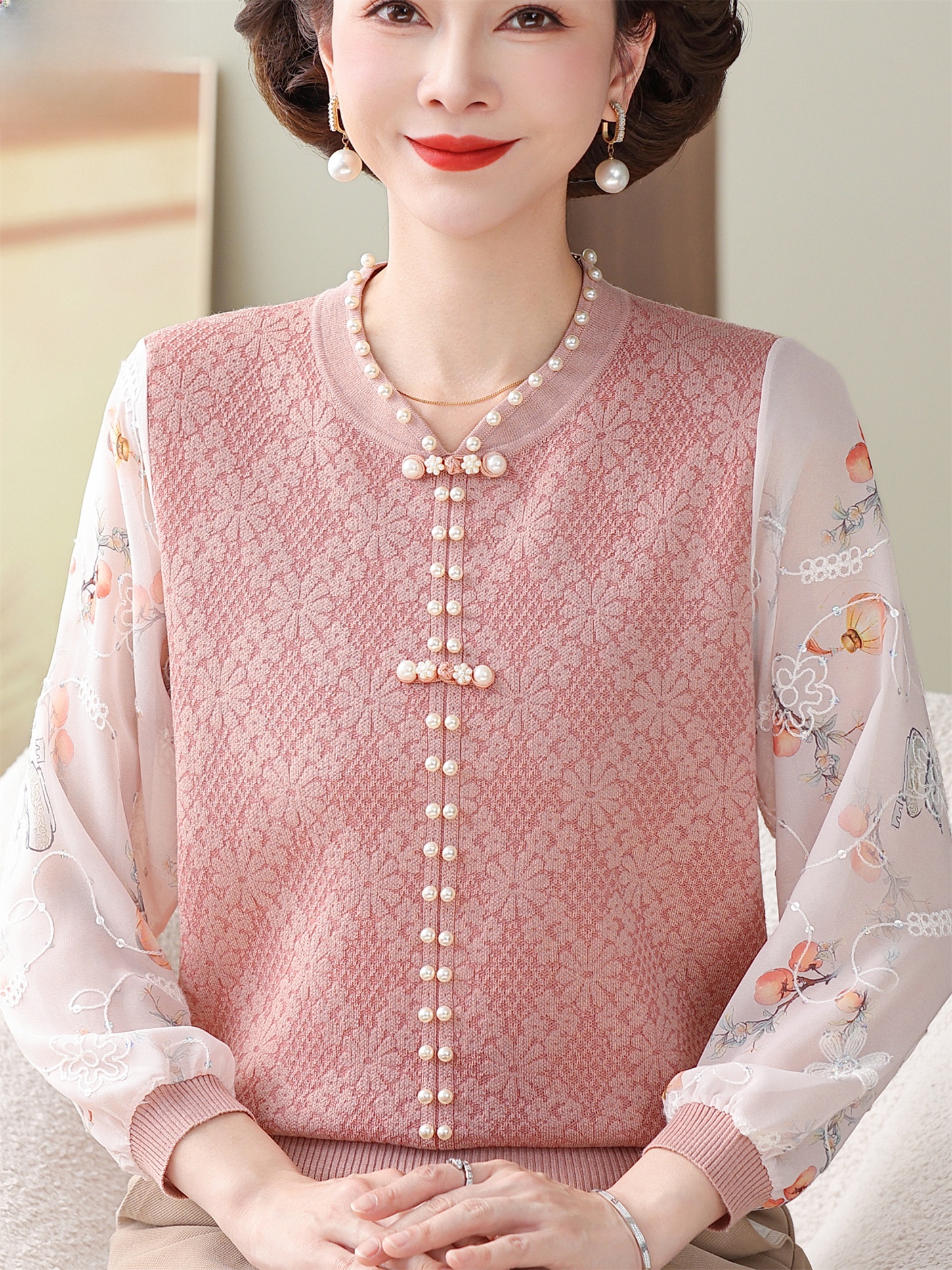 Women Fashion Over 60 - Ice Silk T-Shirt with Lace Sleeves