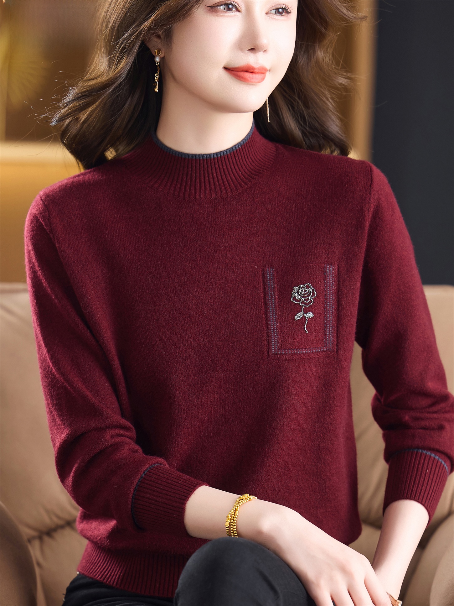 Slimming Effect Woolen Sweater - Women Fashion Over 60 ulasan dan harga
