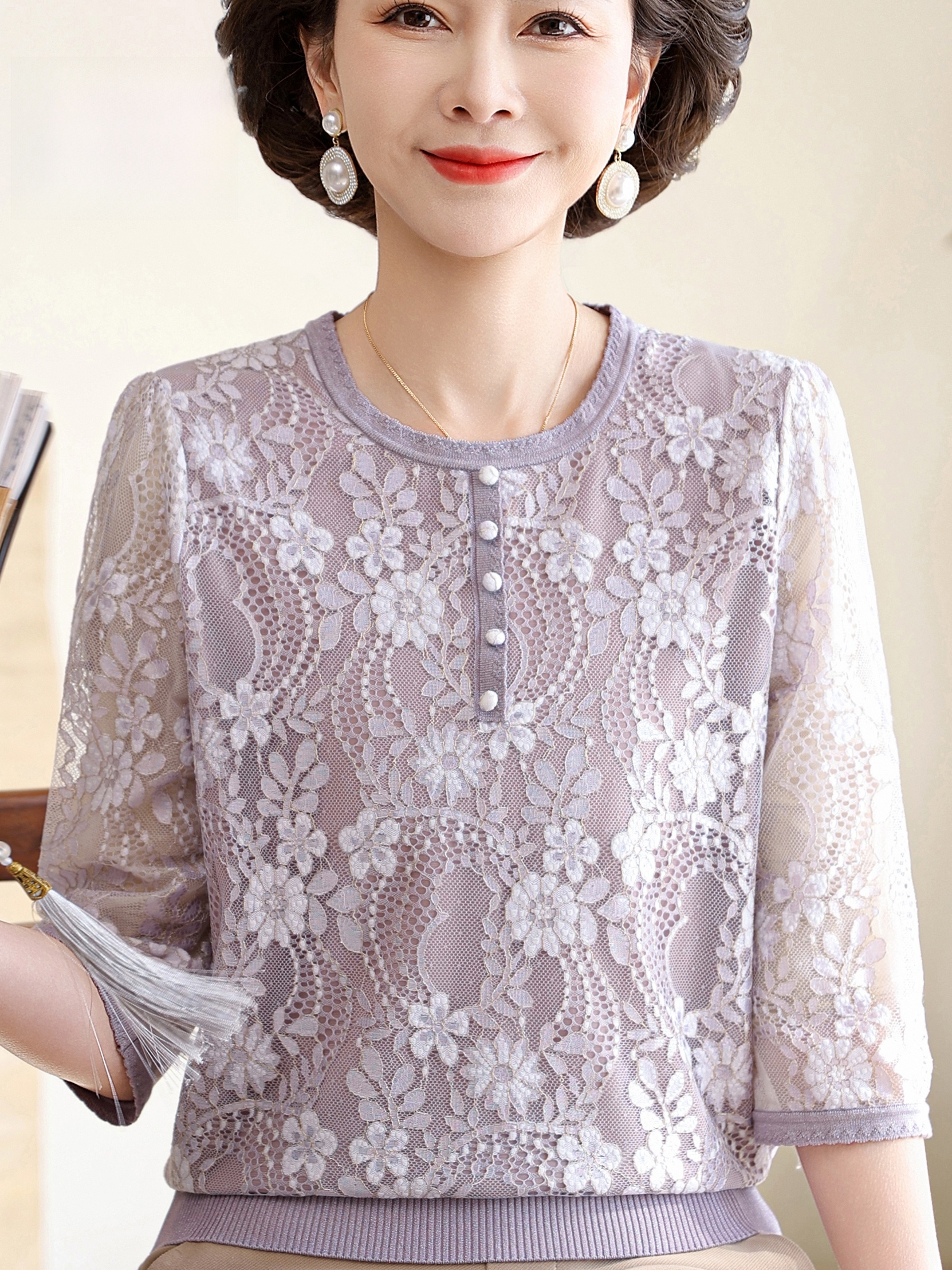 Summer Lace Splice V-Neck Thre - Women Fashion Over 60 ulasan dan harga